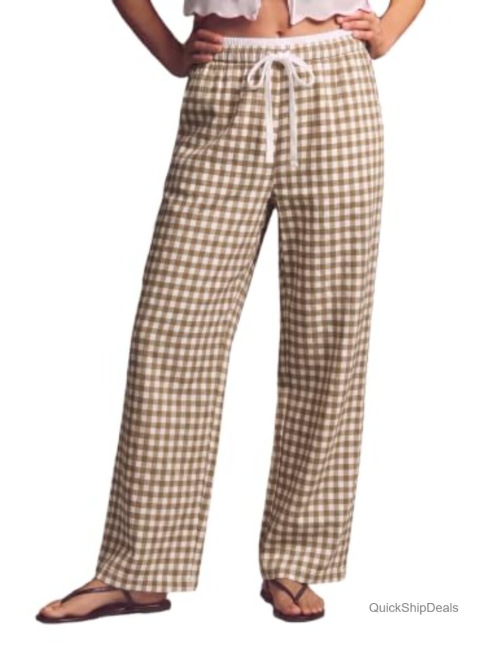 Womens Gingham Wide Leg Trousers with Pockets Elastic Waist Drawstring